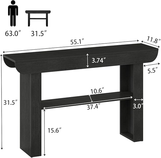 55-Inch Black Entryway Table, Modern Console Tables 3-Tier Couch Table Behind Sofa Narrow Wood Sofa Table Foyer Tables for Entryway, Living Room, Hallway