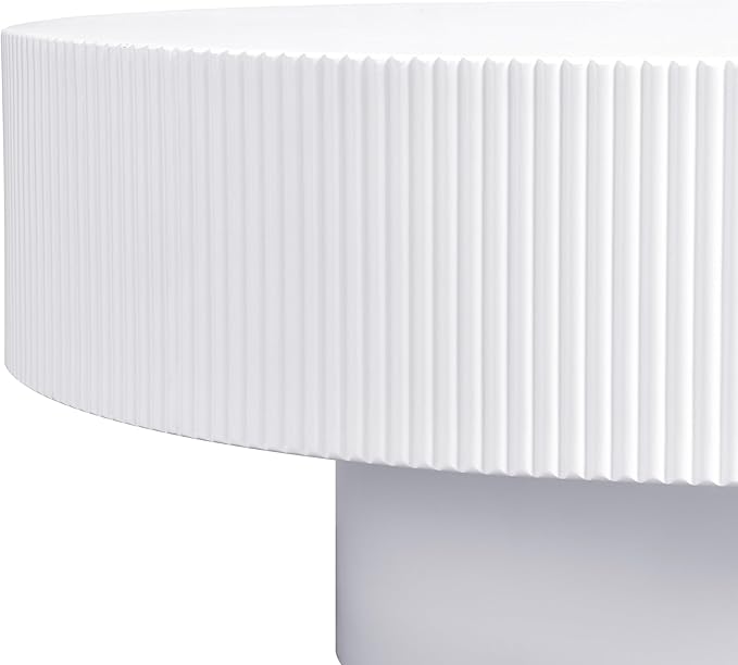 31.5" Round Coffee Table Modern Wooden Coffee Tables for Living Room White Circle Drum Coffee Table with Sturdy Pedesta Circular Fluted Center Table for Apartment Living Room