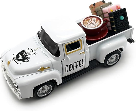 Coffee Decor for Coffee Bar Vintage Metal Truck with Mini Fake Books and Coffees Farmhouse Tabletop Coffees Ghost Sign Halloween Tiered Tray Decor Rustic Table Centerpiece for Home Kitchen, White