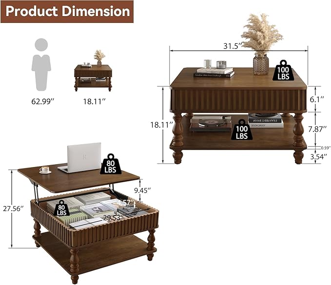 31.5" Lift Top Fluted Coffee Table with Hidden & Open Storage, Modern Square Wooden Center Table Cocktail Tea Table with Curved Safety Corners and Adjustable Height for Living Room, Walnut