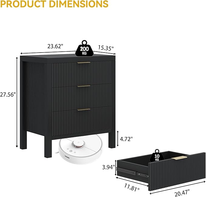 Fluted Nightstands Set of 2, Wooden Farmhouse Night Stands with 6 Drawer Bedside Table - Boho Tall End Table Accent Table for Bedroom, Living Room, （Black 2PCS）