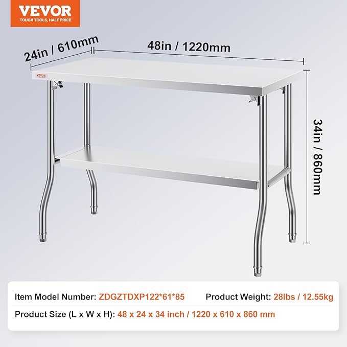 VEVOR Commercial Worktable Workstation 48 x 24 Inch Folding Commercial Prep Table, Heavy-duty Stainless Steel Folding Table with 772 lbs Load, Kitchen Work Table, Silver Stainless Steel Kitchen Island