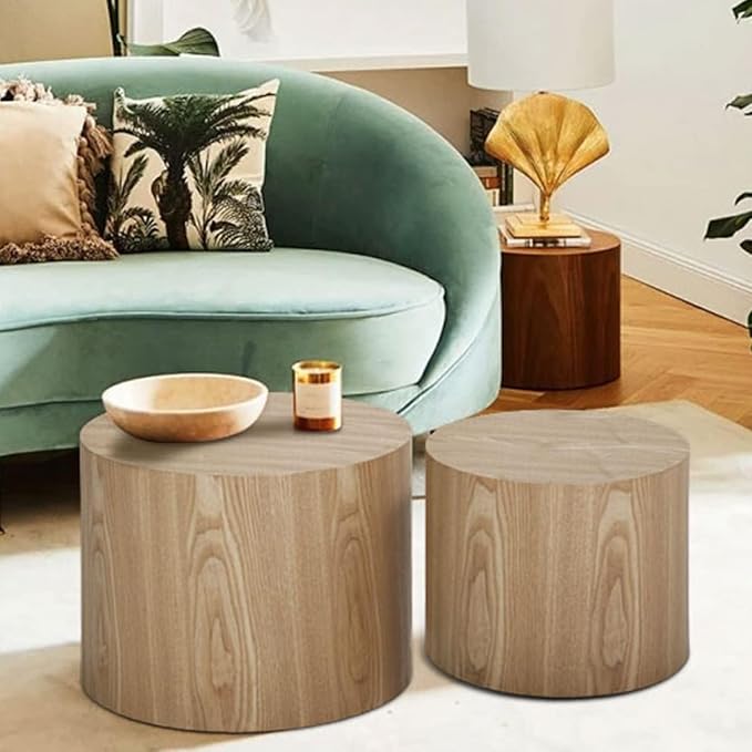 KEVINSPACE Coffee Table Nesting Tables Set of 2, Small Modern Round Coffee Table with Non-Slip Feet, Wooden Circle Accent Tables for Small Spaces Living Room Bedroom Balcony Drum Side Table Oak