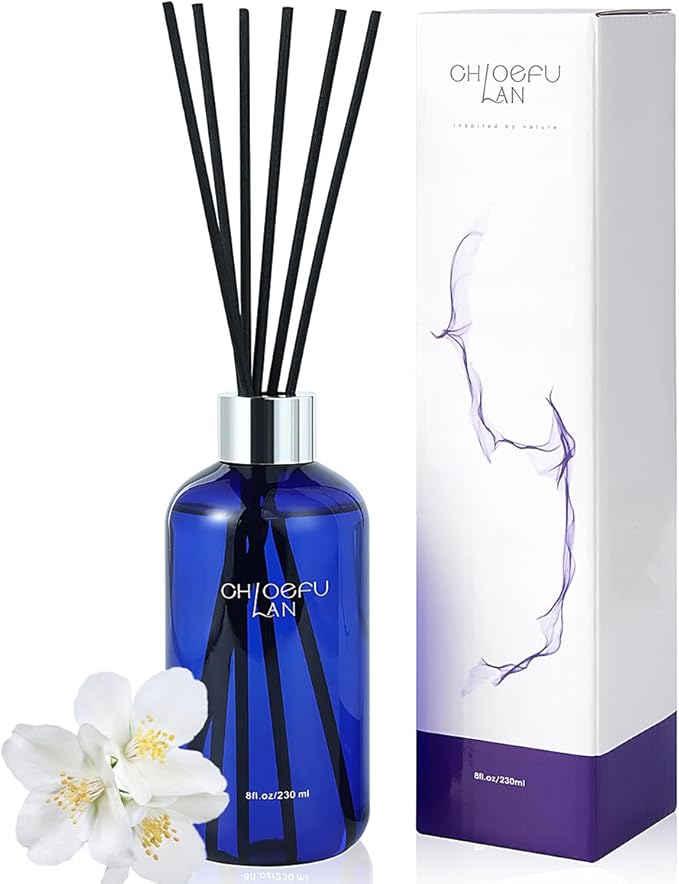 Chloefu Lan Jasmine Reéd Diffuser,8.1 oz Natural Essential Scented Oil with Diffuser Sticks,Blue Jar, Home & Office Decor Aromatherapy Diffuser Oil Gift Set