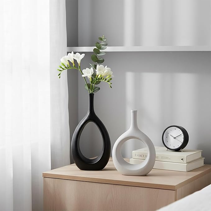 Ceramic Vase Set of 2, Modern Minimalist Boho Hollow Flower Vases, Decorative Vase for Home Decor, Living Room, Bedroom, Bookshelf, Entry Table, Kitchen and Dining Table