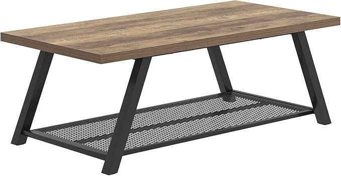 FOLUBAN Coffee Table, Modern Rustic Wood and Metal Center Table with Storage, Industrial Cocktail Tea Table for Living Room, Oak, 47 Inch