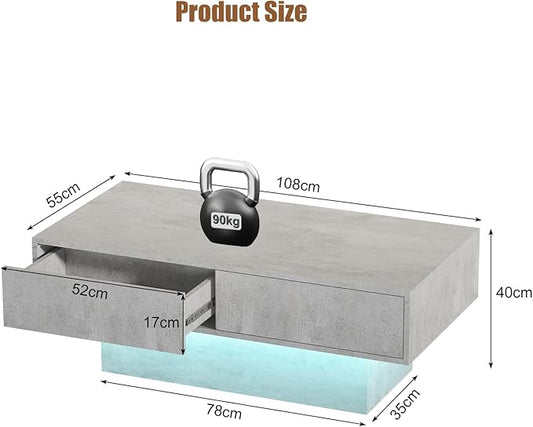 Grey Coffee Table with Storage, Rectangular Center Table for Living Room, Modern High Glossy Farmhouse Grey Coffee Table with 16 Colors LED Lights, Wooden Living Room Table, Pullout Storage