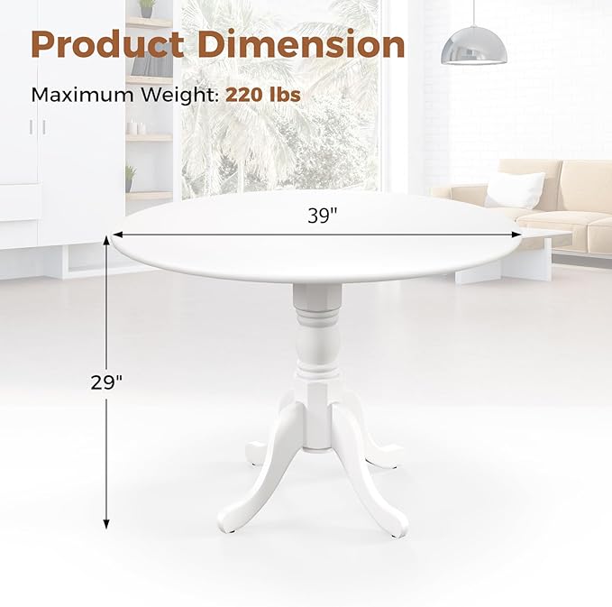 Giantex Round Dining Table, 39" D X 29" H, Rubber Wood Pedestal Table W/Round Tabletop & Curved Trestle Legs, 4-Person Dinner Table for Kitchen, Dining Room, Restaurant (White)