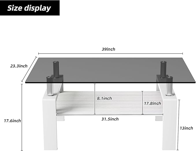 Modern 2-Tier Coffee Table with Tempered Glass Top, MDF Shelf & Metal Legs, Rectangular Living Room Center Table, Sturdy & Stylish Table for Small Spaces, Lounge or Office
