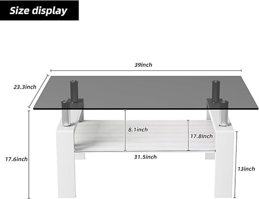 Modern 2-Tier Coffee Table with Tempered Glass Top, MDF Shelf & Metal Legs, Rectangular Living Room Center Table, Sturdy & Stylish Table for Small Spaces, Lounge or Office