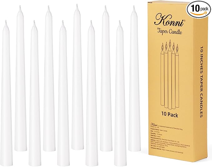 KONNI White Taper Candles 10 Inch Tall Candlesticks 10 Pack Tapered Candles with Cotton Wicks Long Candle Sticks Unscented and Smokeless, Long Burning, Ideal for Wedding, Dinner Party, Home Décor