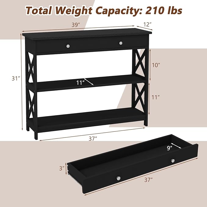 GOFLAME 39" Console Sofa Table with Drawers, 3-Tier Narrow Entry Table with Storage Shelves for Living Room Behind Couch, Entryway, Hallway (Black)