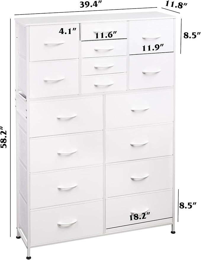 Tall Console Table with 16 Fabric Drawers, Entryway Table with Storage, Large Storage Organizer with Wood Top, Steel Frame for Living Room, Hallway, Office, White