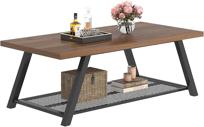 FOLUBAN Modern Coffee Table, Rustic Wood and Metal Center Table with Storage, Industrial Rectangle Cocktail Tea Table for Living Room, Walnut, 47 Inch