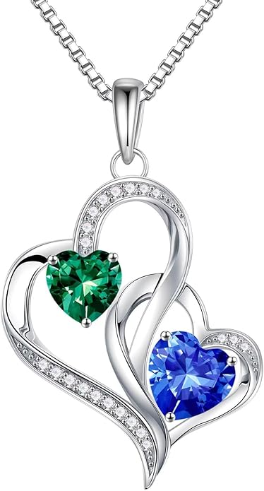 Iefil Christmas Gifts for Women - Double Heart Birthstone Necklace, 925 Sterling Silver Heart Pendant Necklace, Anniversary Birthday Gifts for Women | Personalized Jewelry Gift for Wife Mom Girlfriend