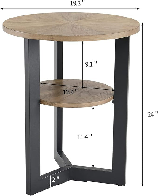 LEEMTORIG Round Side Table, 2-Tier High End Table Nightstand with Metal Legs, Modern Bedside Couch Table for Living Room, Bedroom, Office, Rustic Natural/Black, 19.3 x 19.3 x 24 inches BZ-1338