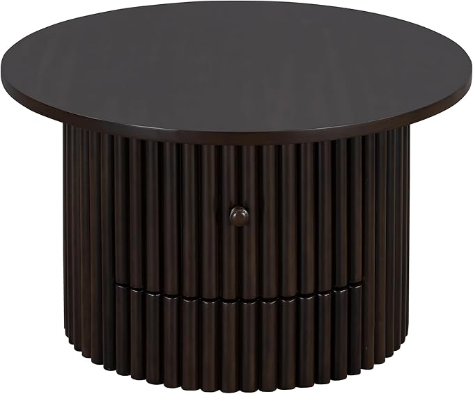 Harper & Bright Designs Round Coffee Table for Living Room in Dark Brown, Farmhouse Coffee Table with a Drawer, Center Table with Vertical Slat Base in 30.5"