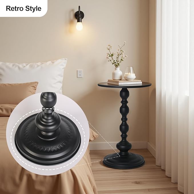 Metal Small Round End Table,Vintage Bedside Drink Table Nightstand for Small Spaces,Modern Accent Pedestal Tables Coffee Tables for Living Room, Bedroom, Corners, Patio,Black