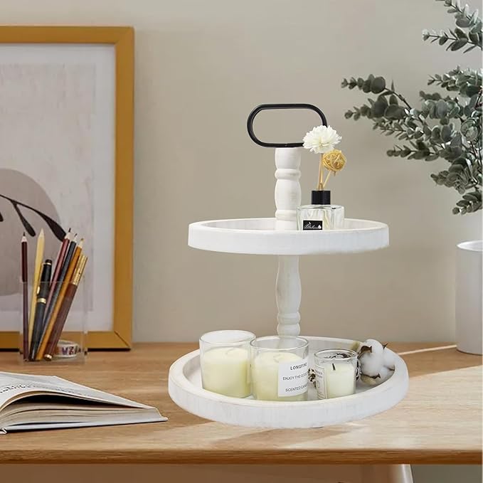 Rustic 2 Tiered Tray Decor, Coffee Color, Wooden Material, Round Shape