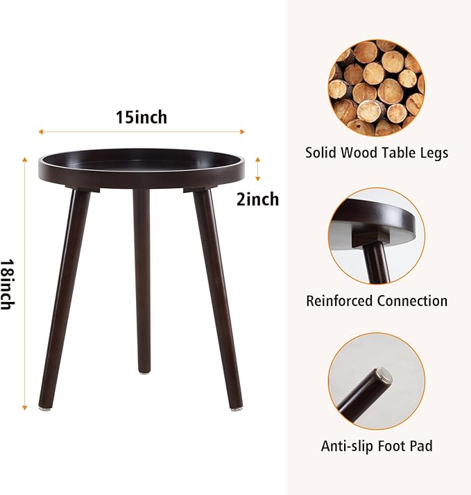 Apicizon Brown Round Side Table Set of 2, Tray Nightstand Sofa Coffee End Table for Living Room, Bedroom, Small Spaces, Easy Assembly Bedside Table, 15 x 18 Inches, Brown