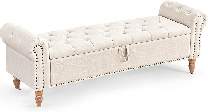 Furniliving 63” End of Bed Bench, Bedroom Bench with Button-Tufted, Large Upholstered Storage Ottoman Benches Entryway Bench with Storage Shoe Cabinet Bench, for Bedroom, Living Room, Linen, Beige