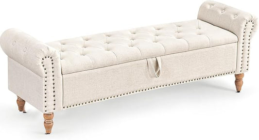 Furniliving 63” End of Bed Bench, Bedroom Bench with Button-Tufted, Large Upholstered Storage Ottoman Benches Entryway Bench with Storage Shoe Cabinet Bench, for Bedroom, Living Room, Linen, Beige