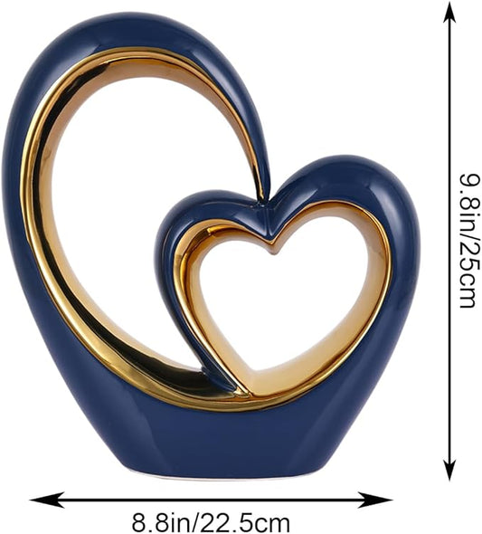LCCCK Porcelain Double Heart Decor,Blue and Gold Sculpture Home Decor for Living Room Entryway Coffee Dining Table Shelves, Wedding Anniversary, Valentine's Gift for Couples & Lovers Modern