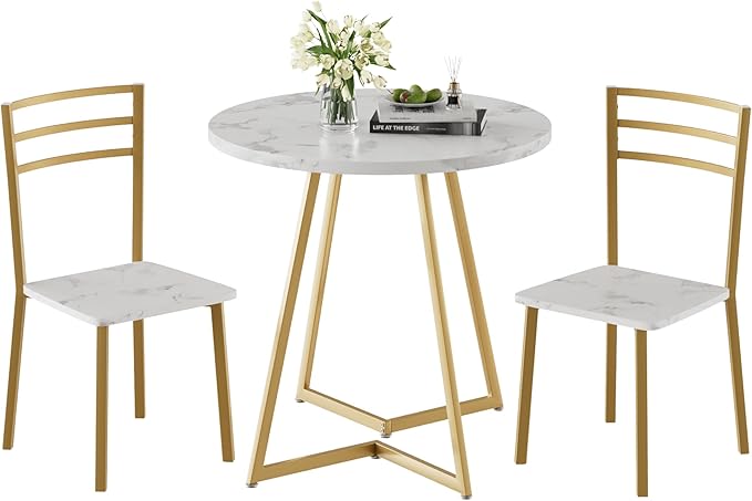 VECELO Small Round Dining Table Set for 2, Wood Tabletop with Strong Metal Frame, Modern Dinette with Chairs for Kitchen, Breakfast Nook Living Room, White & Gold