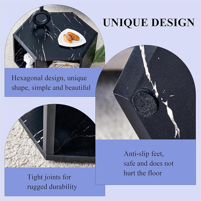 Modern Faux Marble Coffee Table with Storage, Geometric Living Room Table, Black Hexagon Tabletop with Compartments for Books, Decor & Drinks