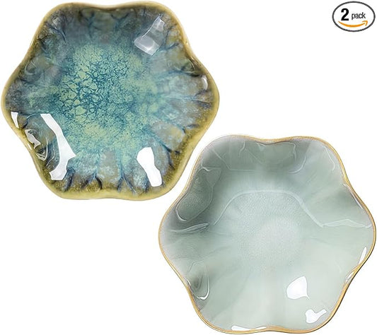 2Pcs Ceramic Jewelry Dish - Lotus Leaf Shape, for Ring Holder Necklace Small Key, Suitable for Mother Friend Sister, Gifts for Women, Cute Plate Trinket Tray, Home Decor (Crystal Green & Green)
