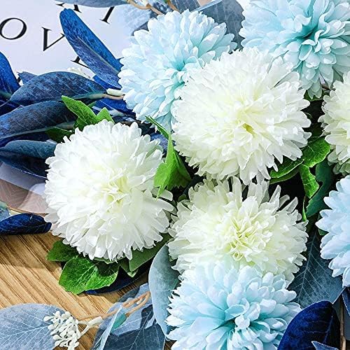 Artificial Flowers and Vases,Fake Hydrangea with Eucalyptus Bouquet Combination, Realistic Dining Table, Living Room Home Decoration （Blue）