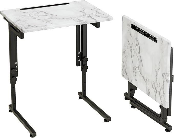 TV Tray, Folding TV Dinner Table, Adjustable Small C-Shaped End Tray for Eating, Foldable Slide Under Couch Side Table for Recliner, Living Room, Bedroom,No Assembly Required(White Marble)