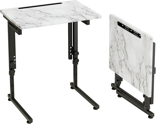 TV Tray, Folding TV Dinner Table, Adjustable Small C-Shaped End Tray for Eating, Foldable Slide Under Couch Side Table for Recliner, Living Room, Bedroom,No Assembly Required(White Marble)