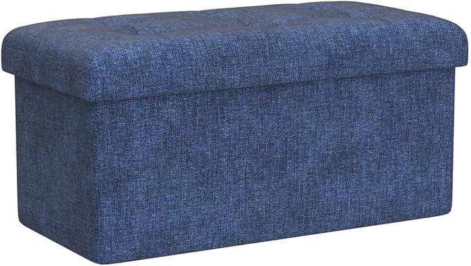 Ornavo Home Foldable Tufted Linen Large Storage Ottoman Bench Foot Rest Stool/Seat - 15" x 30" x 15" (Navy)