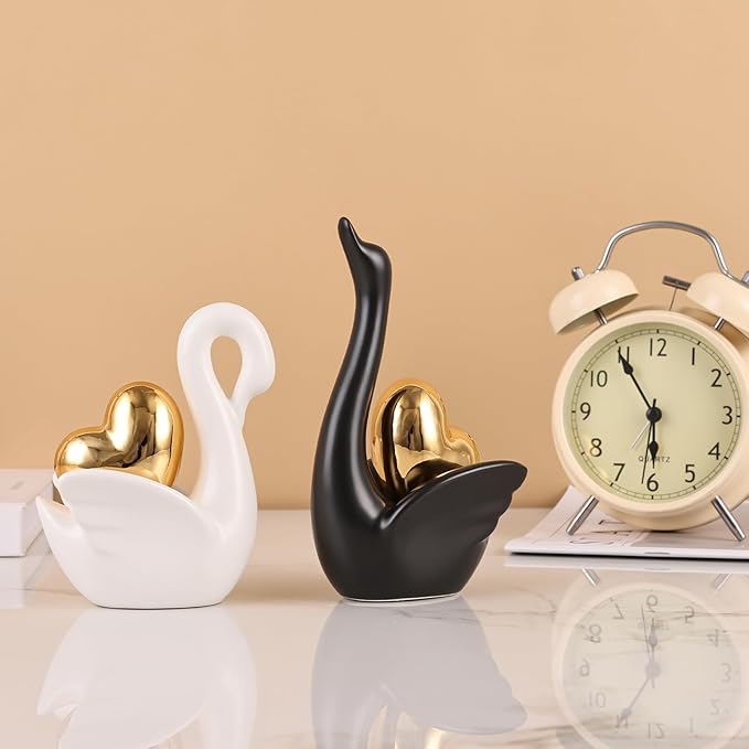 Loving Swan Figurine with Gold Heart Statue, Ceramic Animal Regalos Para Parejas, Cute Figurines Pottery Gifts for Anniversary, Couple Swan Sculpture for Women Dresser Knick Knacks Shelves Show Pieces