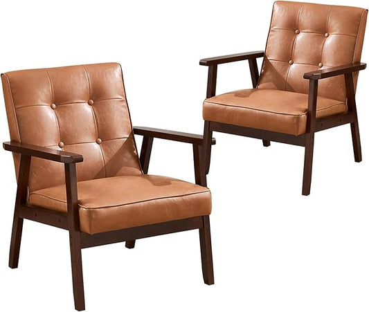 Bonzy Home Mid Century Modern Accent Chair Set of 2 for Living Room, Upholstered Faux Leather Armchair Comfy Retro Bedroom Side Chair with Solid Wood Frame, Orange
