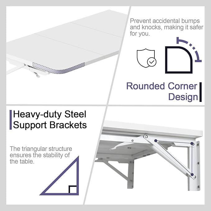 TEAMIX Wall Mounted Desk, White Folding Table for Small Spaces, Wall Floating Desk with Heavy Duty Brackets for Laundry Room,Kitchen,Office Storage