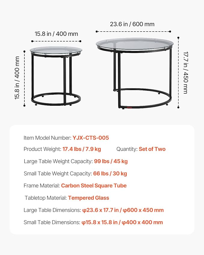 VEVOR Nesting Tables, Glass Coffee Table Set of 2, 23.6 inch Round Coffee Table, Small Coffee Tables Night Stand with Metal Frame, for Living Room, Bedroom, Office