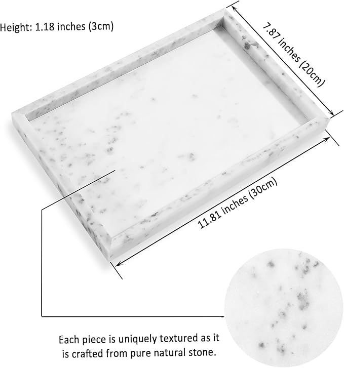 Yew & Tulip Natural Marble Vanity Tray, Nature White Marble with Spots Serving Tray for Bathroom, Kitchen, Vanity, Home Decor, Wedding etc. (12" x 8" x 1.2")