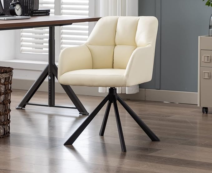 EALSON Comfy Leather Desk Chair Modern Computer Task Chair no Wheels Swivel Accent Chair with Mid Back Arm Chair for Living Room/Bedroom/Home Office, PU Beige