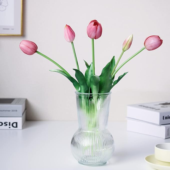 16-inch Premium Real Touch Fake Tulips, Artificial Flowers with Buds, Flexible Stem Easy to Shape, Faux Tulips (Vase not Included), 5-Pack Set of Tender Mauve