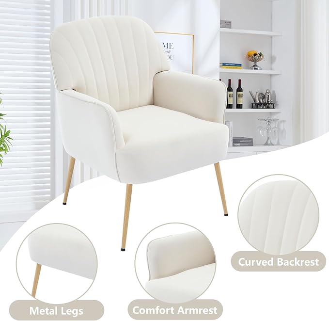 Velvet Accent Chair, Modern Upholstered Living Room Chairs, Luxury Single Sofa Armchair with Metal Legs, Comfy Barrel Chairs for Living Room, Bedroom, Waiting Room, Office and Cafe, Beige
