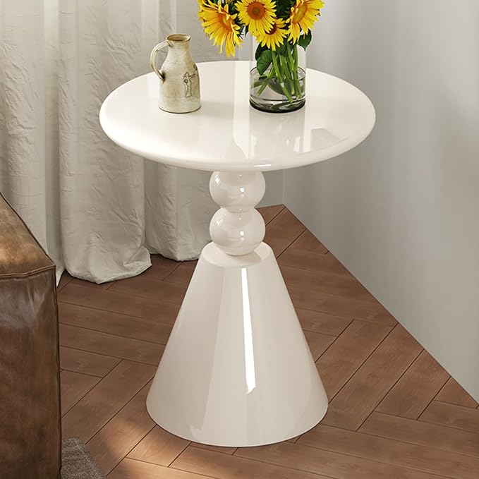 23" Round Side Table, Modern French Style End Table with Pedestal Base, Small Accent Table for Living Room, Bedroom, or Sofa Side, Cream White