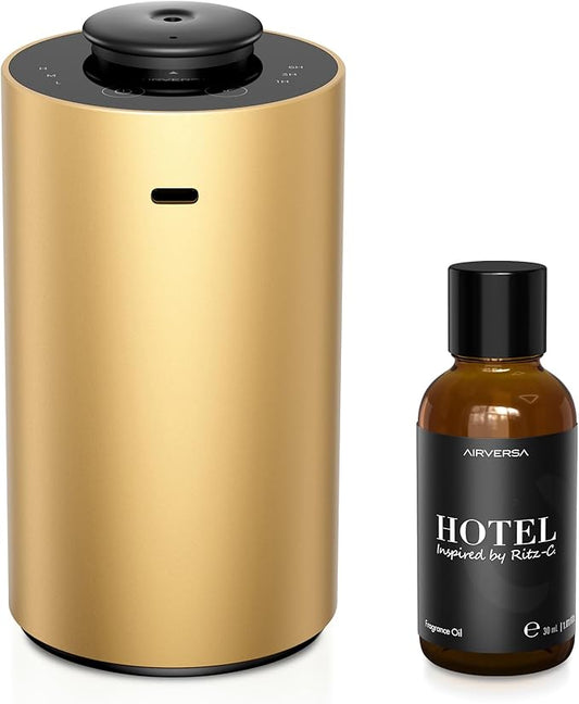 Waterless Essential Oil Diffuser Starter Kit with 30mL Hotel Scent Fragrance Oil Inspired by Ritz-C., Battery Operated Premium Portable Mini Scent Air Machine for Home Car Office, Gold ANX