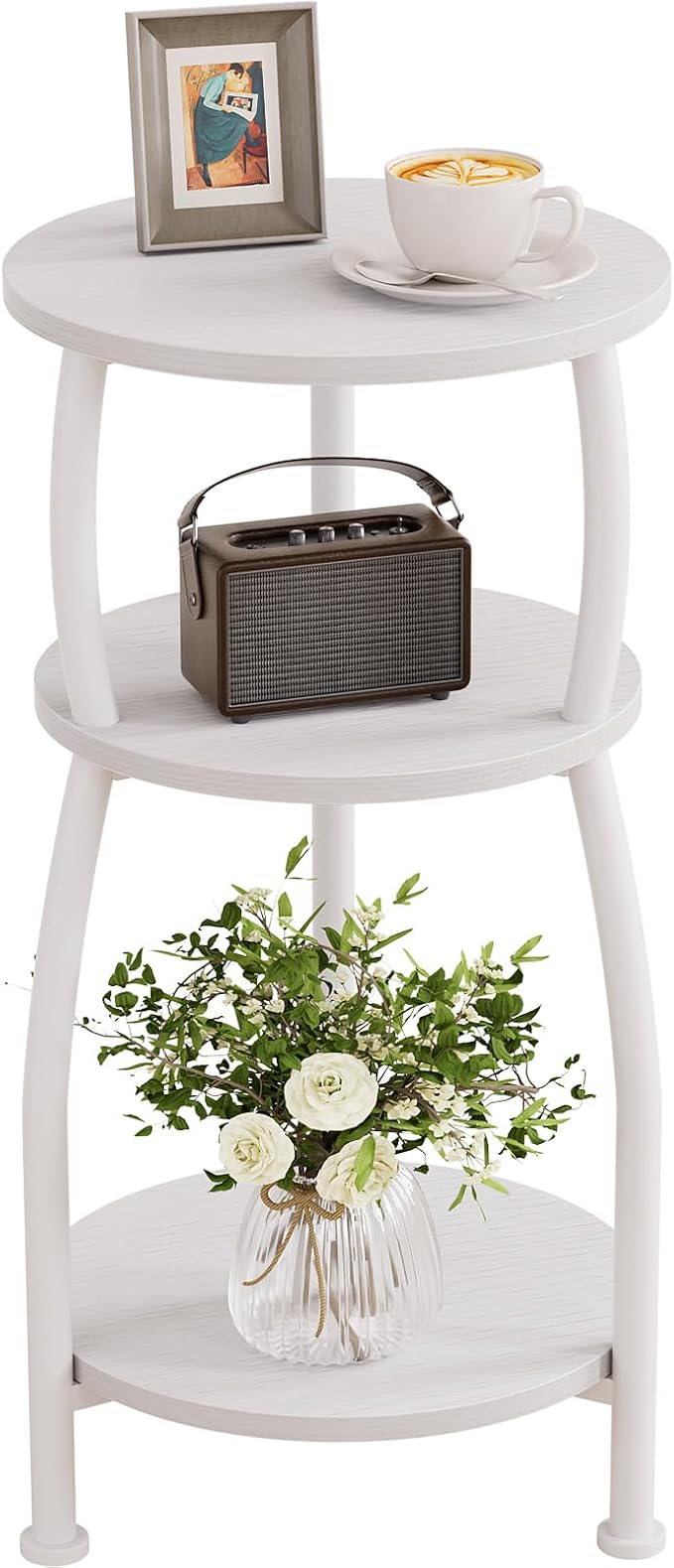 Small Round Side Table, 3-Tier End Table with Storage Shelf, Slim Sofa Table Coffee Table, Sturdy & Easy Assemble Nightstand for Small Spaces, Living Room Bedroom Corner, White