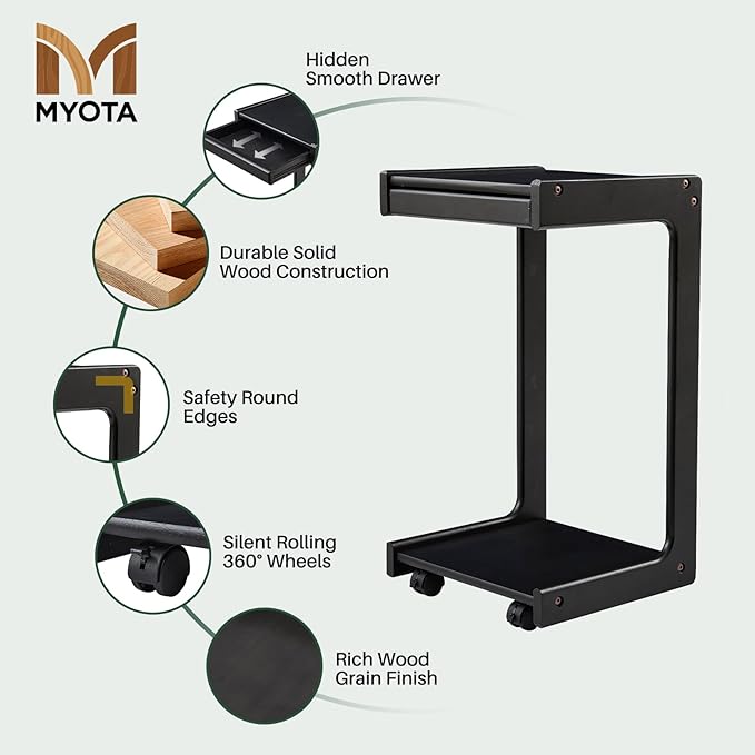 Wood Side Table for Couch - C Shaped Rolling End Table with Wheels, Wooden Modern Small Tv Tray Bedside Tables with Drawer for Sofa Armchair Living Room Bedroom, Black, 13 in x 14.4 in x 26 in