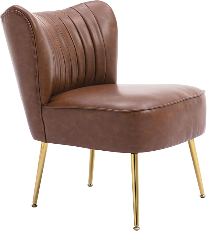 PU Leather Accent Chair Set of 2 - Comfy Armless Slipper Mid Century Side Chair With Golden Legs - Wingback Single Sofa for Living Room, Bedroom, Guest Room - Brown
