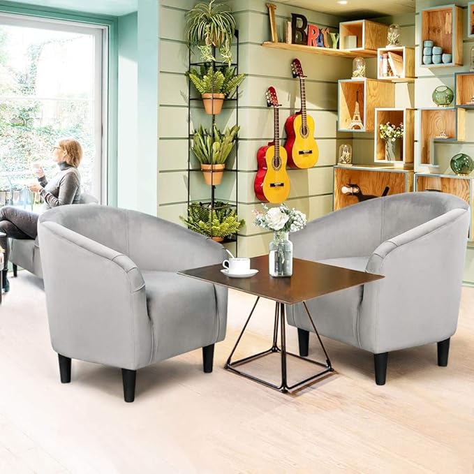 Yaheetech Living Room Chair, Velvet Accent Chair, Upholstered Barrel Chair, Sitting Chair with Armrest and Low Back for Living Room Bedroom Reception Room, Gray