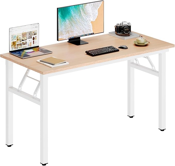 DlandHome 47 inches Folding Table Computer Desk Portable Activity Conference Table Home Office Desk, Fully Assembled Pink Oak Destop with White Frame