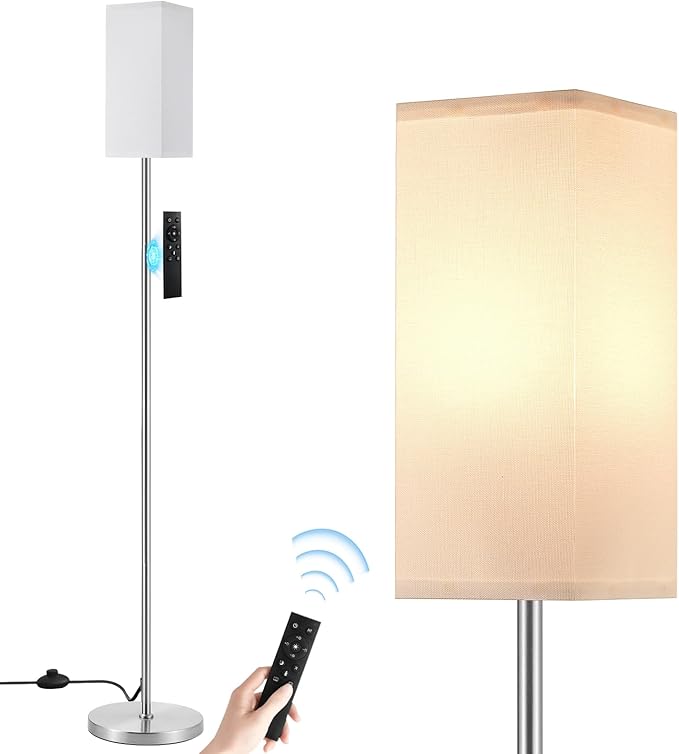 Ambimall Remote Control Floor Lamp, Stepless Dimmable, 64 Inches Tall, Include 9W Bulb, Standing Lamp for Living Room Bedroom Office (White & Sliver)